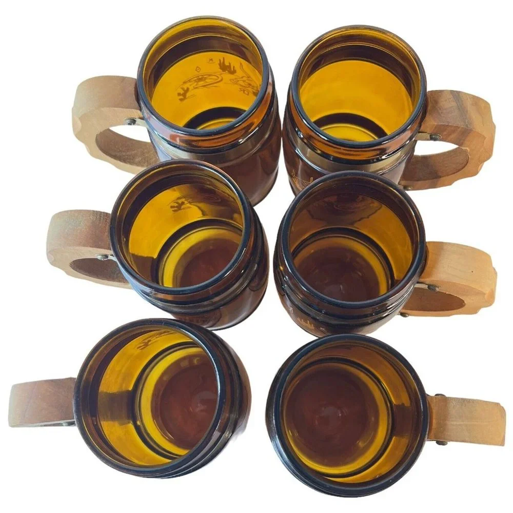 6 SiestaWare‎ Western Roundup Barrel Mug Wood Handle Wagon Wheel Skull CampFire